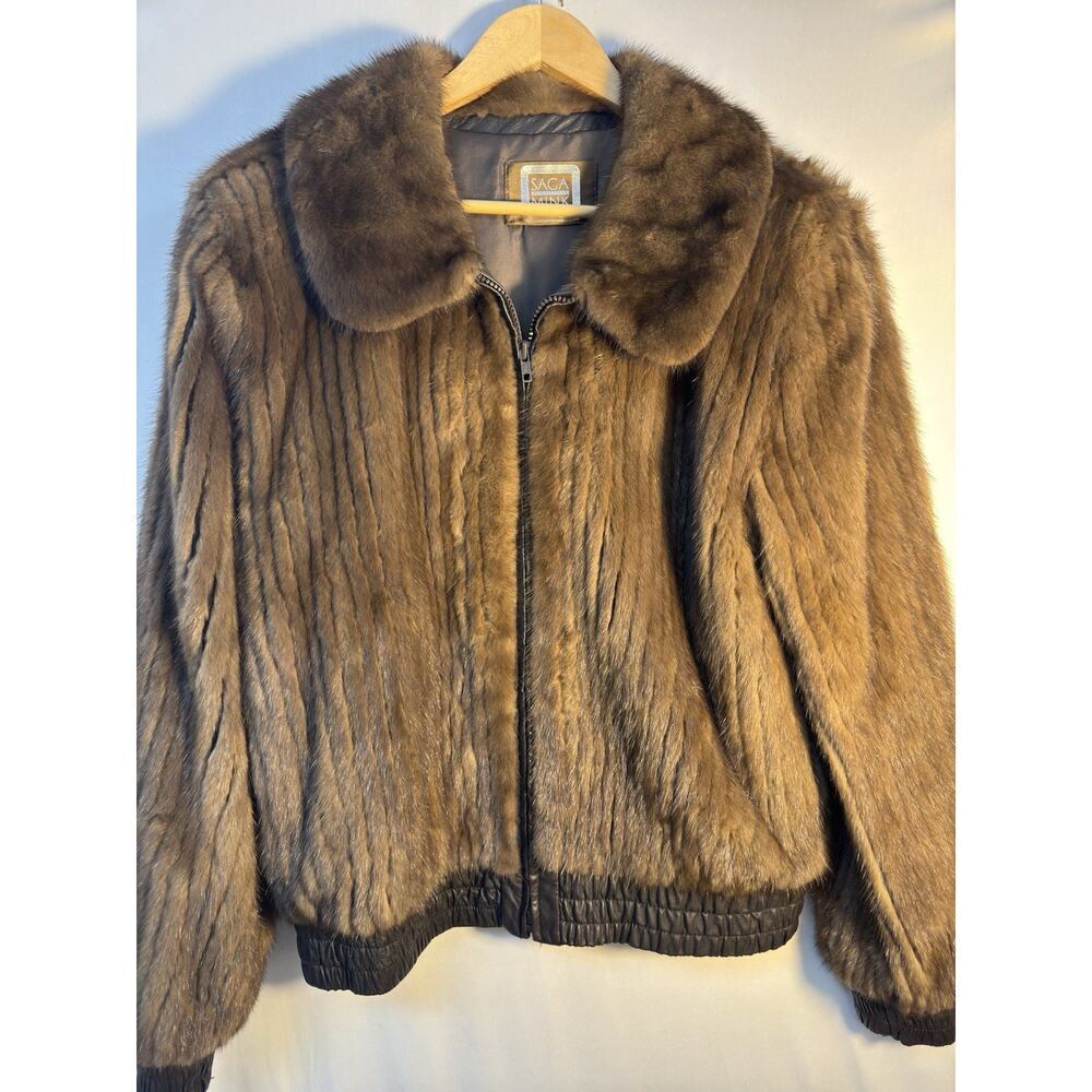 Vintage Saga Mink Real Fur Bomber Jacket Brown Zip Front Elastic Hem Women’s 40
